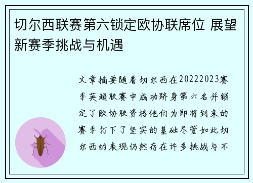 切尔西联赛第六锁定欧协联席位 展望新赛季挑战与机遇
